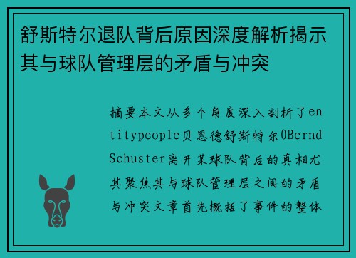 舒斯特尔退队背后原因深度解析揭示其与球队管理层的矛盾与冲突